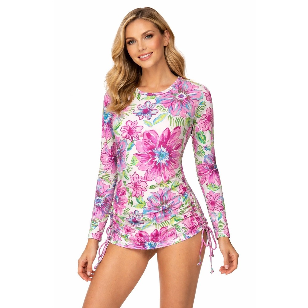 Stella Parker Rashguard Swim Shirt Womens Small Pink Floral Cinched‎ Long Sleeve